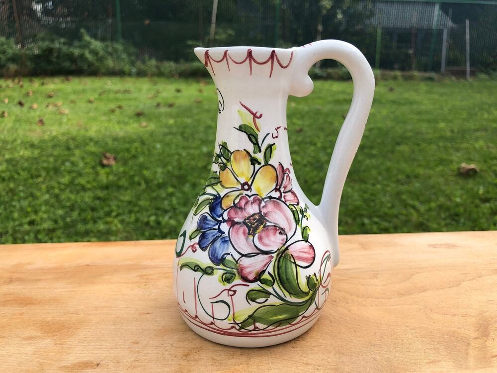 Vintage Hand Painted Ceramic Pitcher Portugal Floral Olive Oil